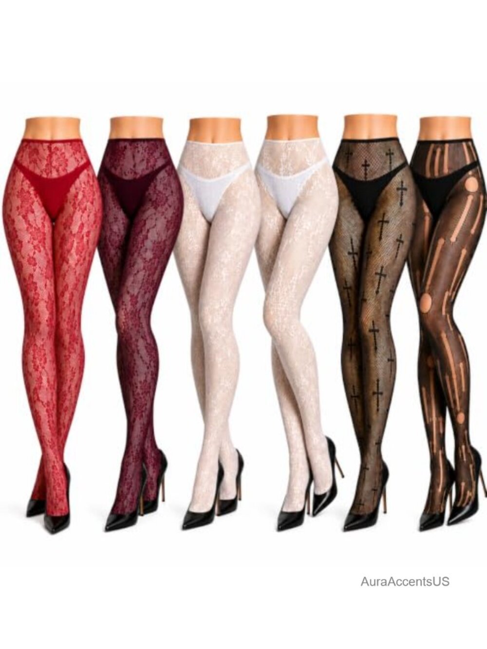 6 Pack Sheer Fishnet Tights for Women Multipack Nylon Spandex Patterned